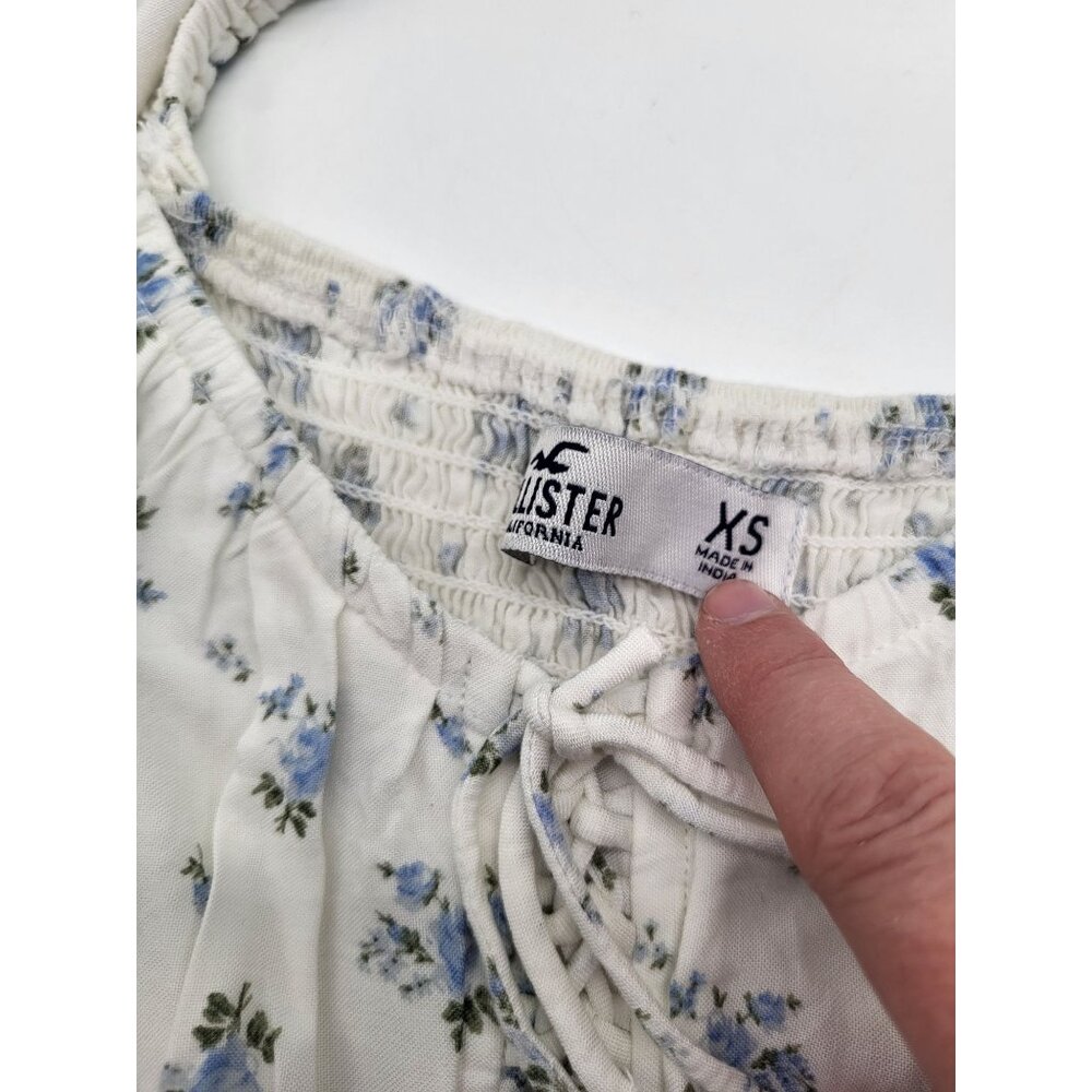 Hollister XS Puff Sleeve Mini Top Peasant Coquette White Blue Flowers Festival - Picture 6 of 7
